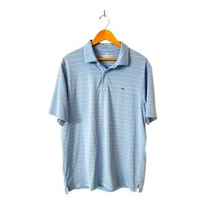 Vineyard Vines Men's Light Blue and White Striped Polo large